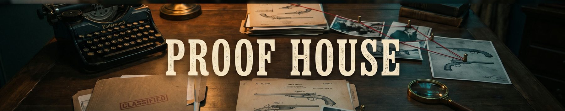 The Proof House channel banner: an investigator's desk with patent drawings, photographs and a typewriter.
