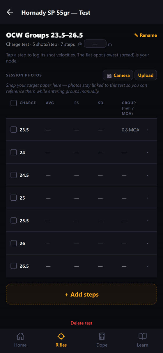 A load development ladder in the Zeryn Precision app, showing velocity by powder charge.