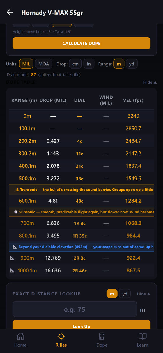 A DOPE table in the Zeryn Precision app listing drop and drift by distance.