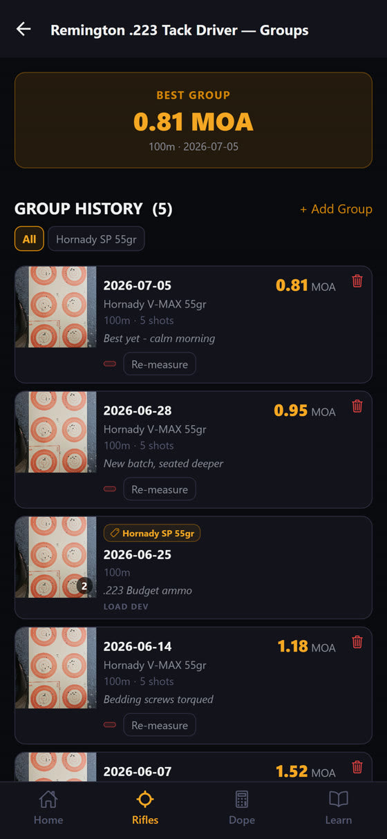 A group size history chart in the Zeryn Precision app trending over several sessions.